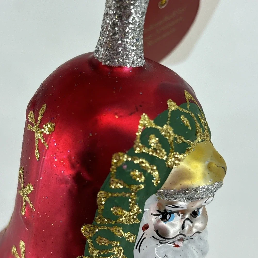 Vintage Christmas Home For The Holidays Glass Hanging Santa Wreath Ornament Bell
